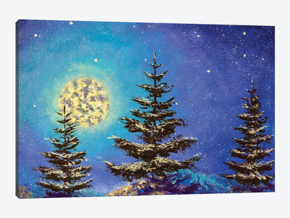 Snowy Fir Trees Under A Winter's Moon And Starry Sky by Valery Rybakow 1-piece Canvas Artwork
