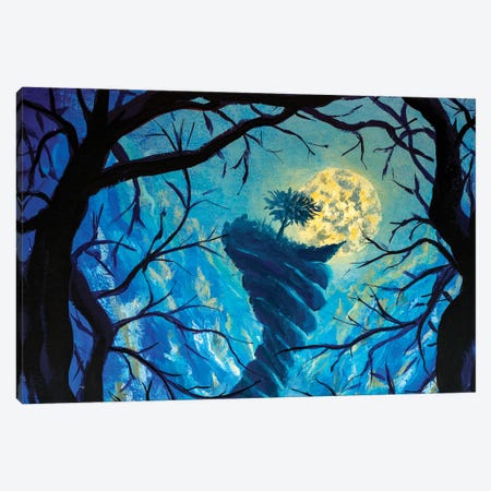 Big Moon, Tree On Top Of Terrible Mountain Fantasy Art Canvas Print #VRY509} by Valery Rybakow Canvas Art Print