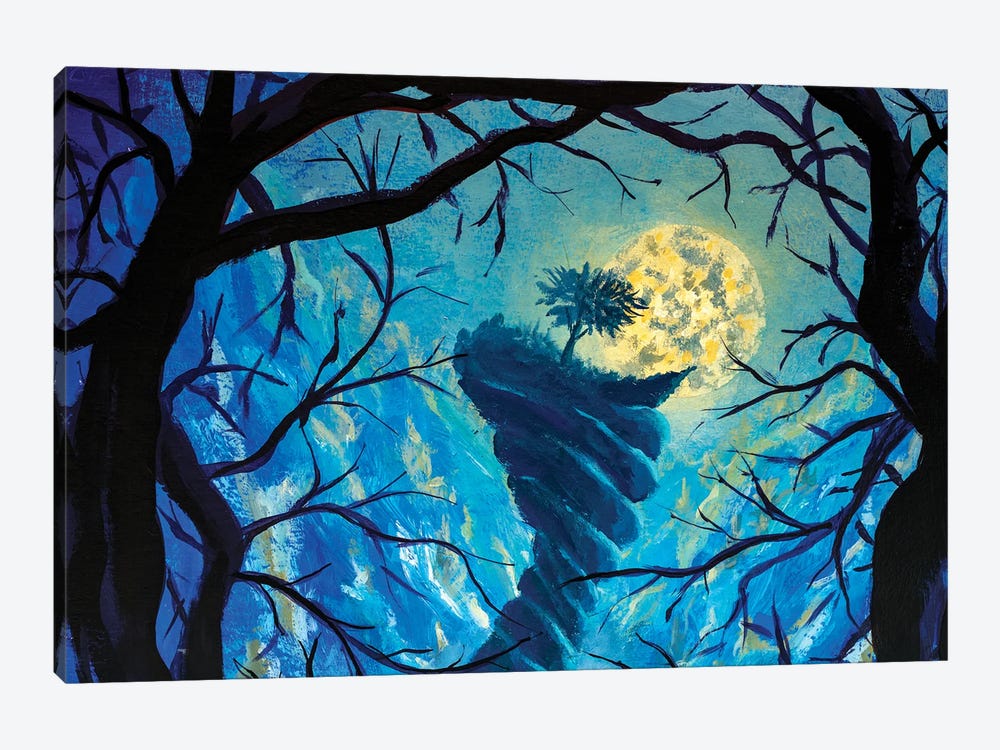 Big Moon, Tree On Top Of Terrible Mountain Fantasy Art by Valery Rybakow 1-piece Canvas Art Print