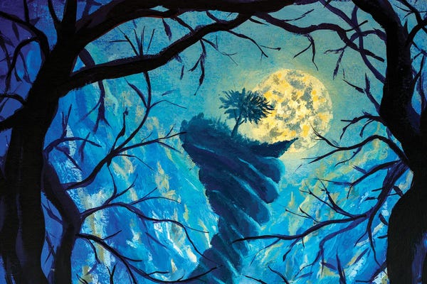 Valery Rybakow: Big Moon, Tree On Top Of Terrible Mountain Fantasy Art by Valery Rybakow