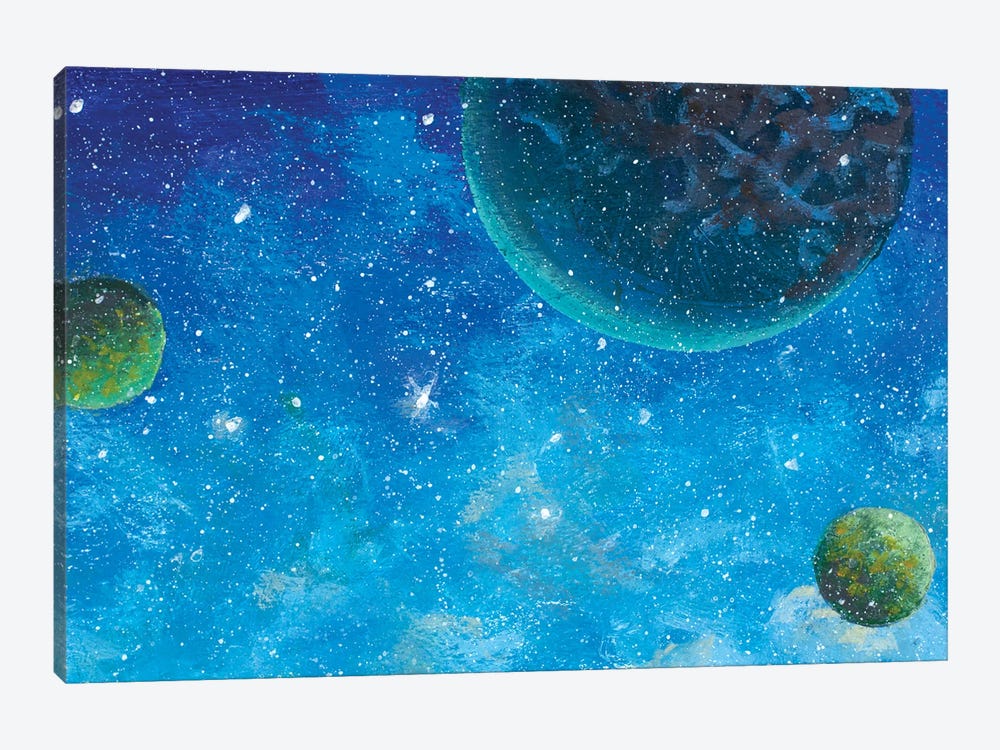Beautiful Green Planets In Blue Starry Space by Valery Rybakow 1-piece Canvas Art
