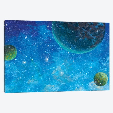 Beautiful Green Planets In Blue Starry Space Canvas Print #VRY513} by Valery Rybakow Canvas Artwork