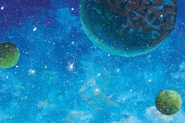 Valery Rybakow: Beautiful Green Planets In Blue Starry Space by Valery Rybakow