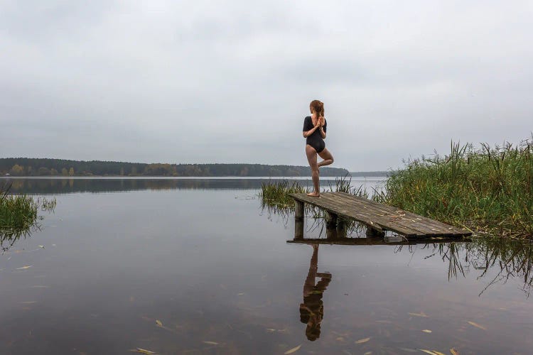 Yoga Girl On The Pond. Calm And Relaxation