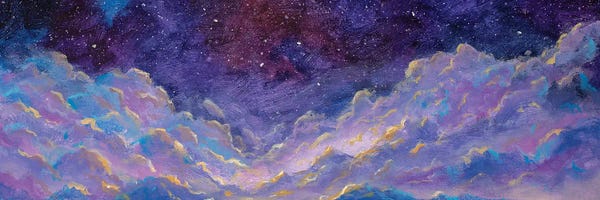 Valery Rybakow: Panoramic Beautiful Landscape With Night Starry Sky Fantasy Clouds Over Mountains Hill by Valery Rybakow