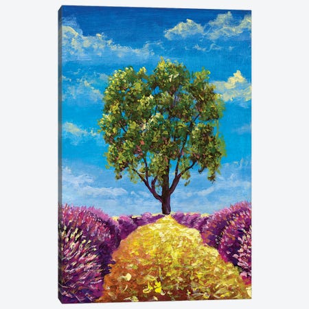 Summer Landscape With A Beautiful Tree Along A Golden Path Flanked By Lavender Bushes Canvas Print #VRY523} by Valery Rybakow Canvas Print