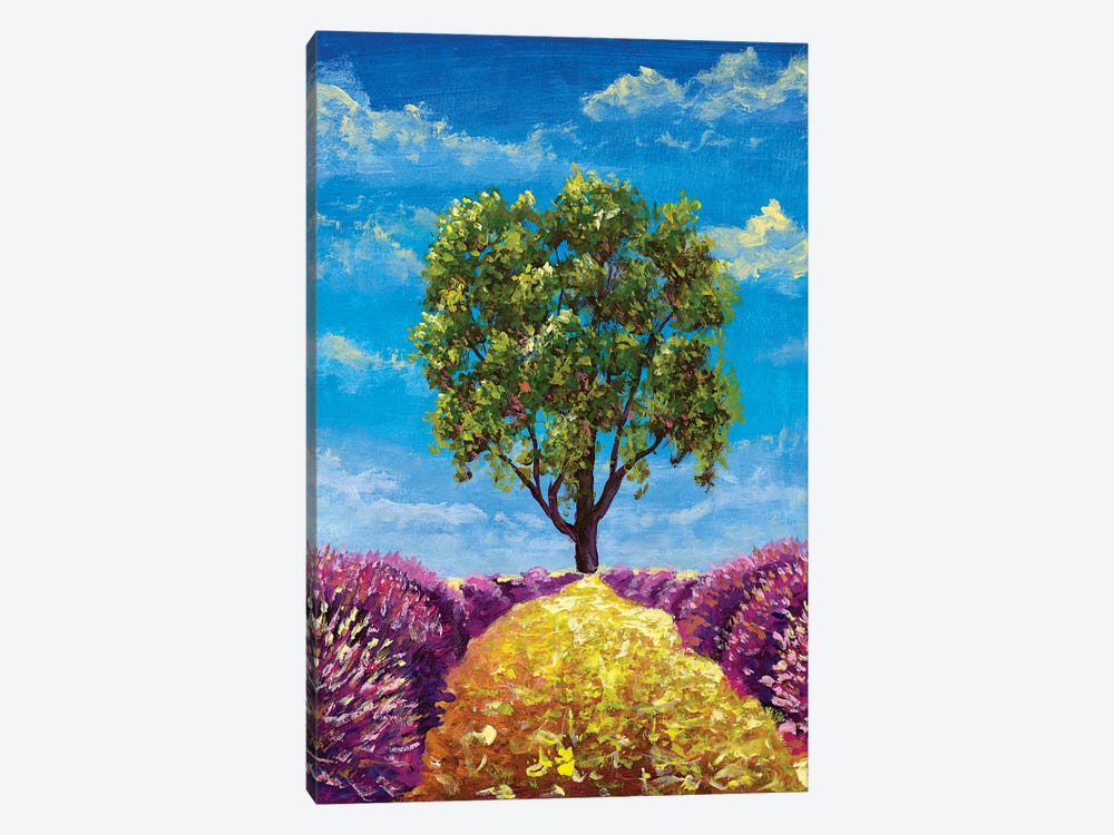 Summer Landscape With A Beautiful Tree Along A Golden Path Flanked By Lavender Bushes by Valery Rybakow 1-piece Canvas Art Print