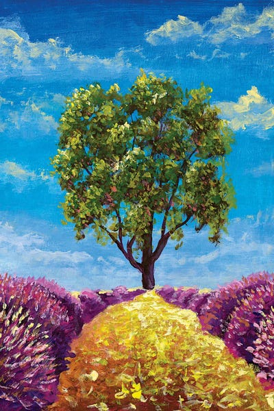 Valery Rybakow: Summer Landscape With A Beautiful Tree Along A Golden Path Flanked By Lavender Bushes by Valery Rybakow