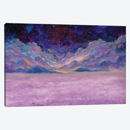 Panoramic Beautiful Landscape With Night Starry Sky Fantasy Clouds Over Mountains Canvas Print #VRY525} by Valery Rybakow Canvas Wall Art