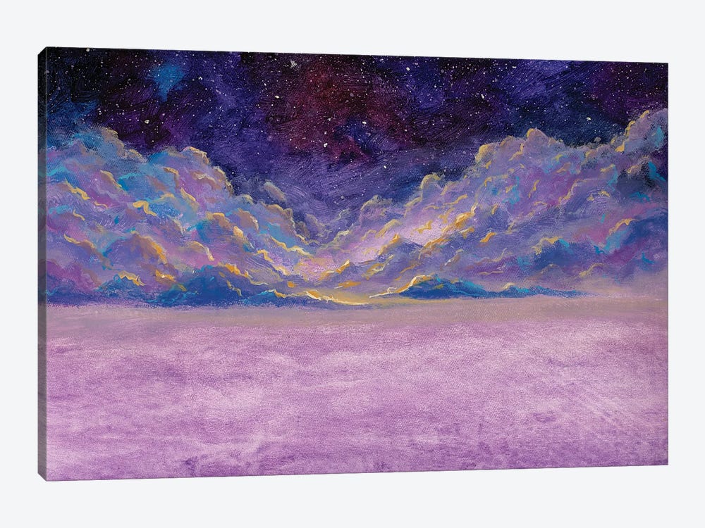 Panoramic Beautiful Landscape With Night Starry Sky Fantasy Clouds Over Mountains by Valery Rybakow 1-piece Art Print