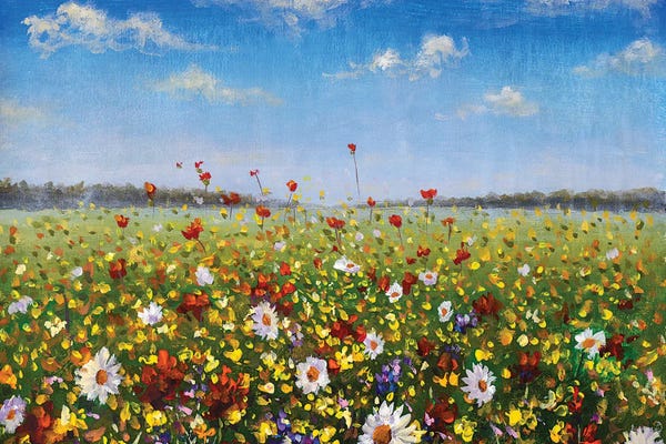 Artists Like Van Gogh: Meadow Of White Daisies, Red Poppies And Yellow Wildflowers by Valery Rybakow