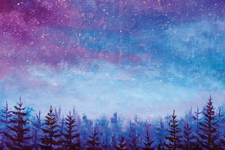 Magic Night Blue Sky With Purple Clouds With Stars Over Spruce Forest