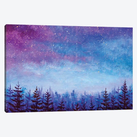 Magic Night Blue Sky With Purple Clouds With Stars Over Spruce Forest Canvas Print #VRY542} by Valery Rybakow Canvas Art Print