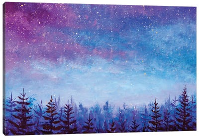 Magic Night Blue Sky With Purple Clouds With Stars Over Spruce Forest Canvas Art Print - Color Fields