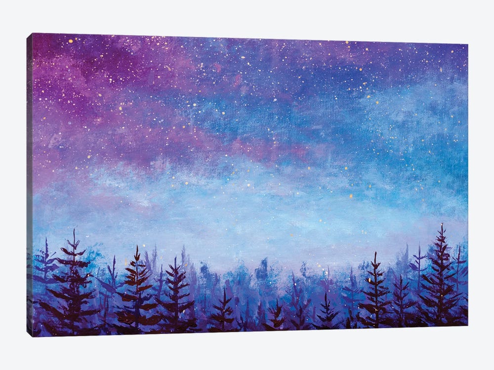 Magic Night Blue Sky With Purple Clouds With Stars Over Spruce Forest by Valery Rybakow 1-piece Canvas Art