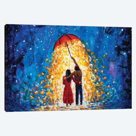 A Couple Walks Under A Glowing Umbrella During A Starry Winter Night Canvas Print #VRY547} by Valery Rybakow Canvas Wall Art