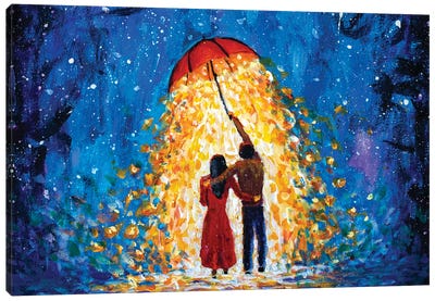 A Couple Walks Under A Glowing Umbrella During A Starry Winter Night Canvas Art Print - Valery Rybakow