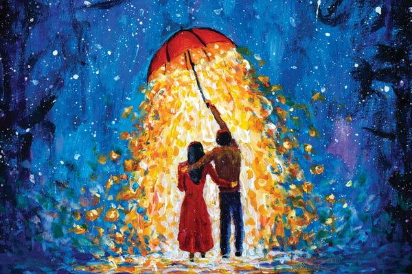 Valery Rybakow: A Couple Walks Under A Glowing Umbrella During A Starry Winter Night by Valery Rybakow