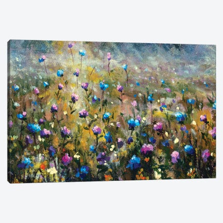 Summer Field Landscape With Blue Pink Flowers Canvas Print #VRY572} by Valery Rybakow Canvas Wall Art