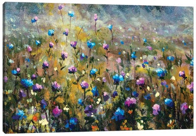 Summer Field Landscape With Blue Pink Flowers Canvas Art Print - Valery Rybakow