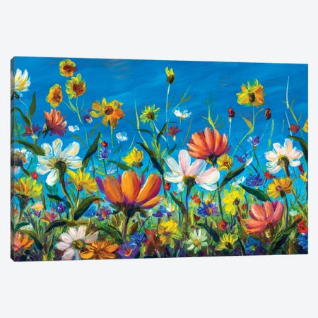 Extra Wide Flower Panorama Of Beautiful Spring Wildflowers Chamomile Painting Canvas Print #VRY577} by Valery Rybakow Canvas Print