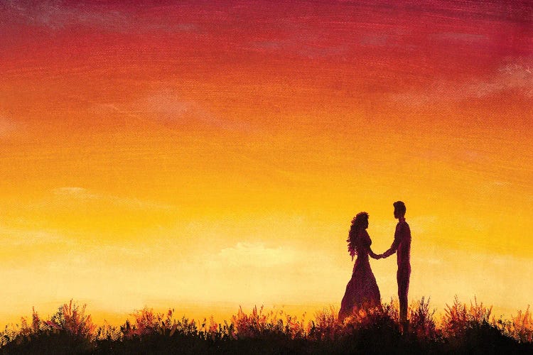 Lovers At At Orange Sunset Dawn On Beautiful Landscape