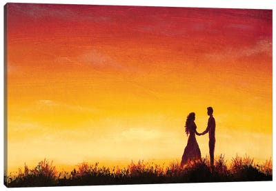 Lovers At At Orange Sunset Dawn On Beautiful Landscape Canvas Art Print - Valery Rybakow