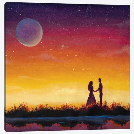 Silhouette Of Loving Couple. Lovers At At Orange Sunset Dawn On Beautiful Landscape Canvas Print #VRY589} by Valery Rybakow Canvas Print