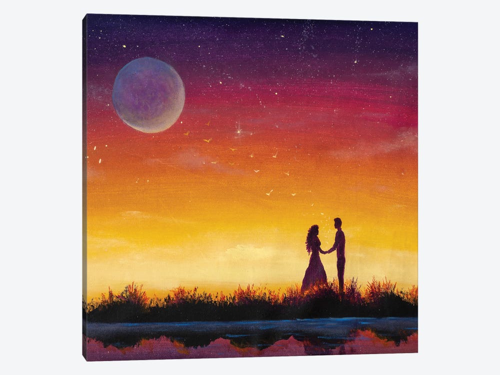 Silhouette Of Loving Couple. Lovers At At Orange Sunset Dawn On Beautiful Landscape by Valery Rybakow 1-piece Canvas Print