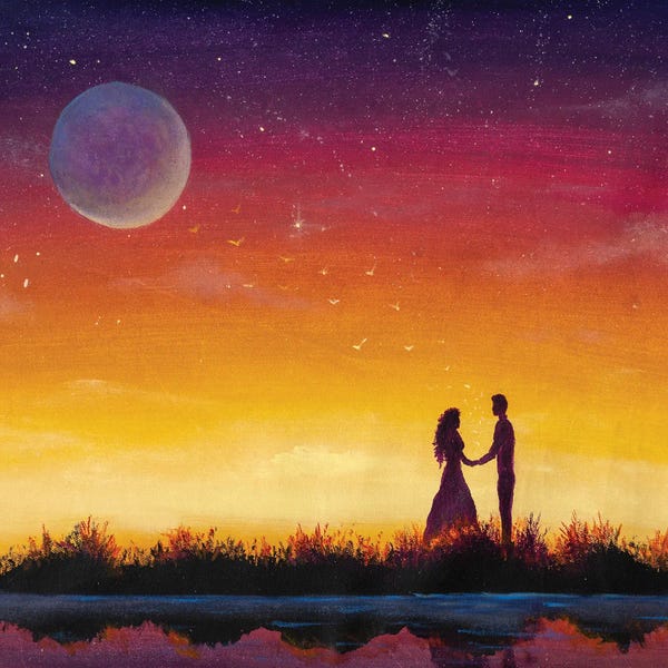 Valery Rybakow: Silhouette Of Loving Couple. Lovers At At Orange Sunset Dawn On Beautiful Landscape by Valery Rybakow