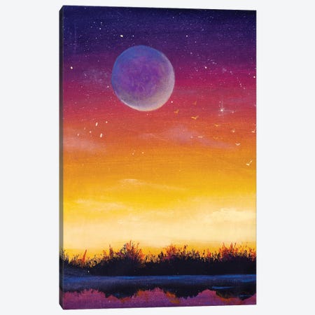Beautiful Big Moon Planet On Yellow Orange Red Purple Background Sunset Dawn Starry Sky. Canvas Print #VRY590} by Valery Rybakow Canvas Wall Art