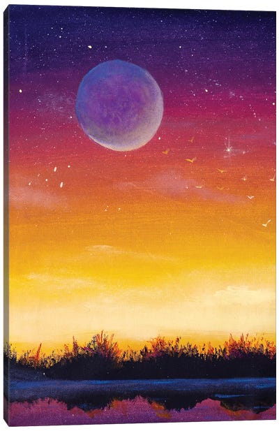 Beautiful Big Moon Planet On Yellow Orange Red Purple Background Sunset Dawn Starry Sky. Canvas Art Print - Valery Rybakow