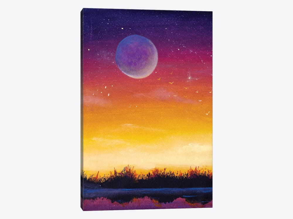 Beautiful Big Moon Planet On Yellow Orange Red Purple Background Sunset Dawn Starry Sky. by Valery Rybakow 1-piece Art Print