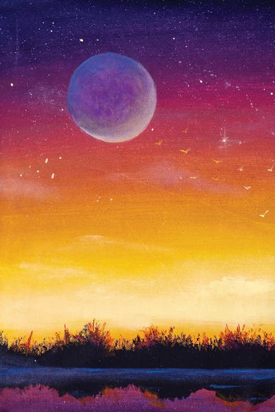 Valery Rybakow: Beautiful Big Moon Planet On Yellow Orange Red Purple Background Sunset Dawn Starry Sky. by Valery Rybakow