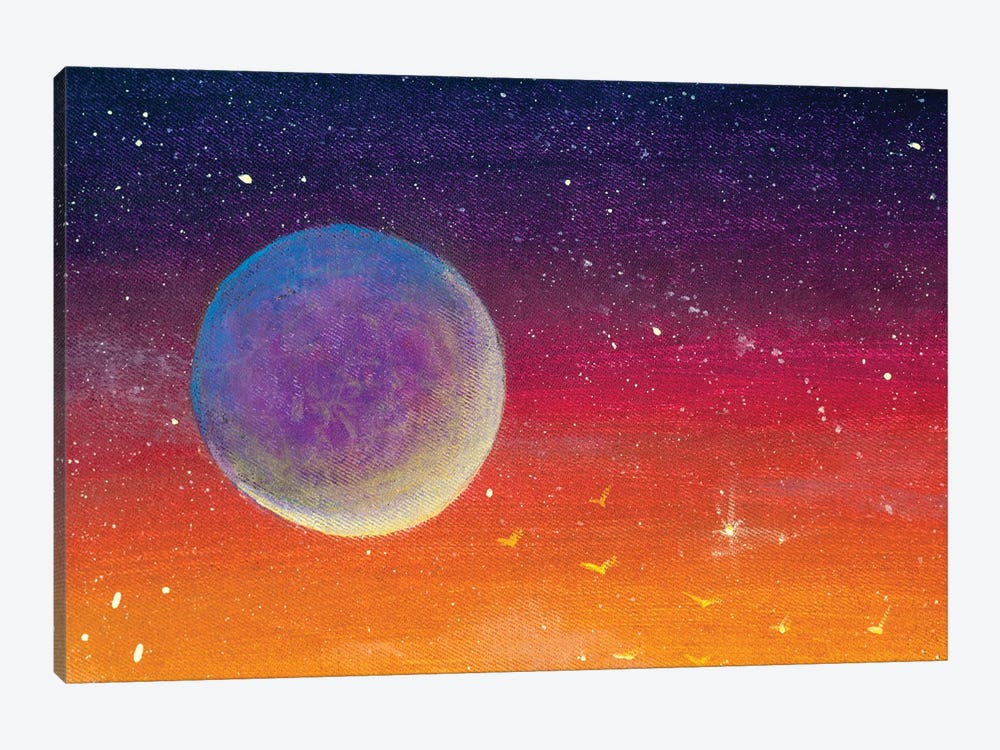 Big Moon Planet On Yellow Orange Red Purple Sunset Dawn Starry Sky. by Valery Rybakow 1-piece Canvas Wall Art