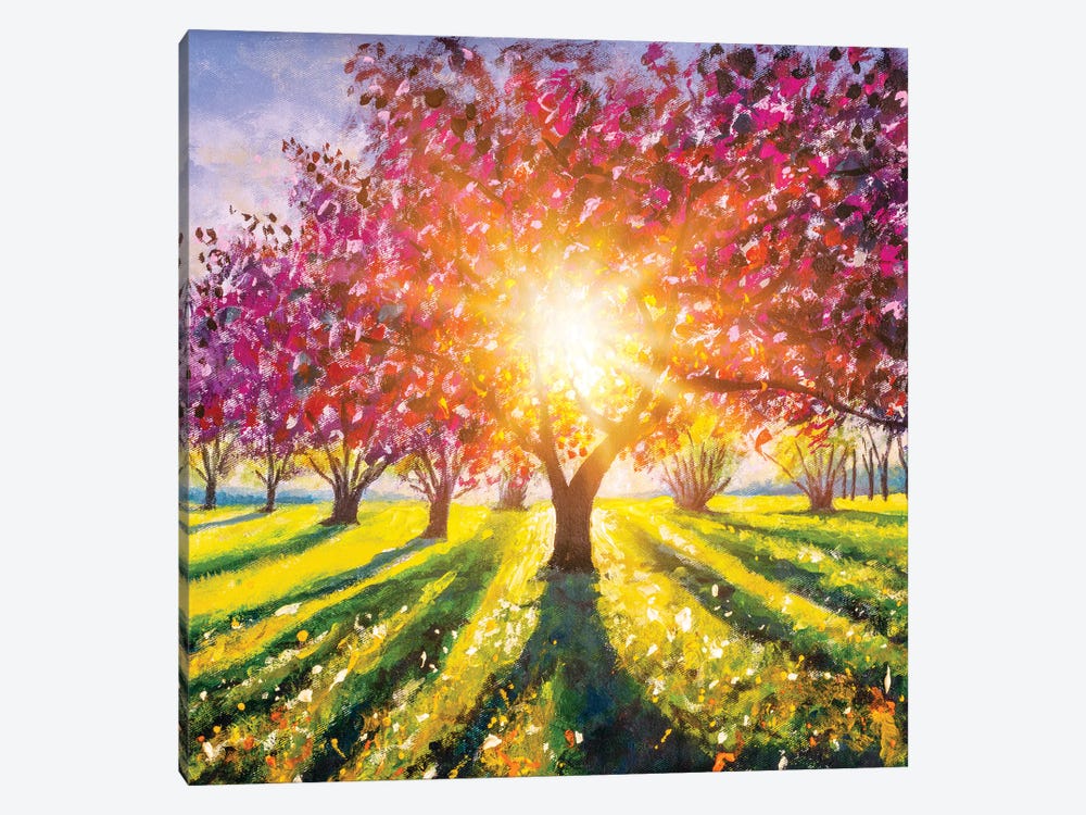 Spring Landscape With Flowering Trees And Colorful Sunny Green Meadow by Valery Rybakow 1-piece Canvas Wall Art