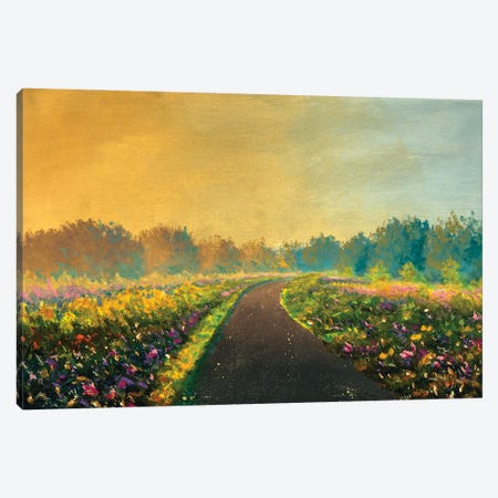 Road Through Field To Forest Rustic Summer Beautiful Magic Landscape Canvas Print #VRY610} by Valery Rybakow Canvas Print