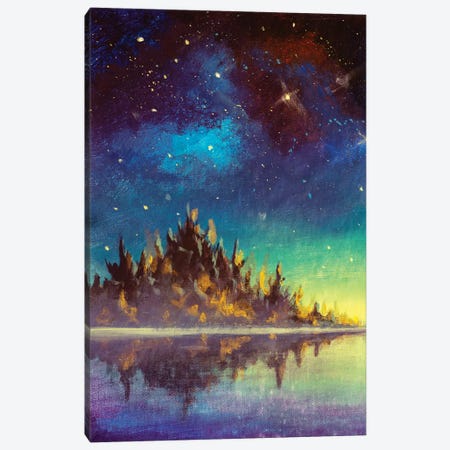 Beautiful Starry Sky Universe Space, Dawn Sunset Over Mountains Sea Water Artwork Canvas Print #VRY616} by Valery Rybakow Canvas Art