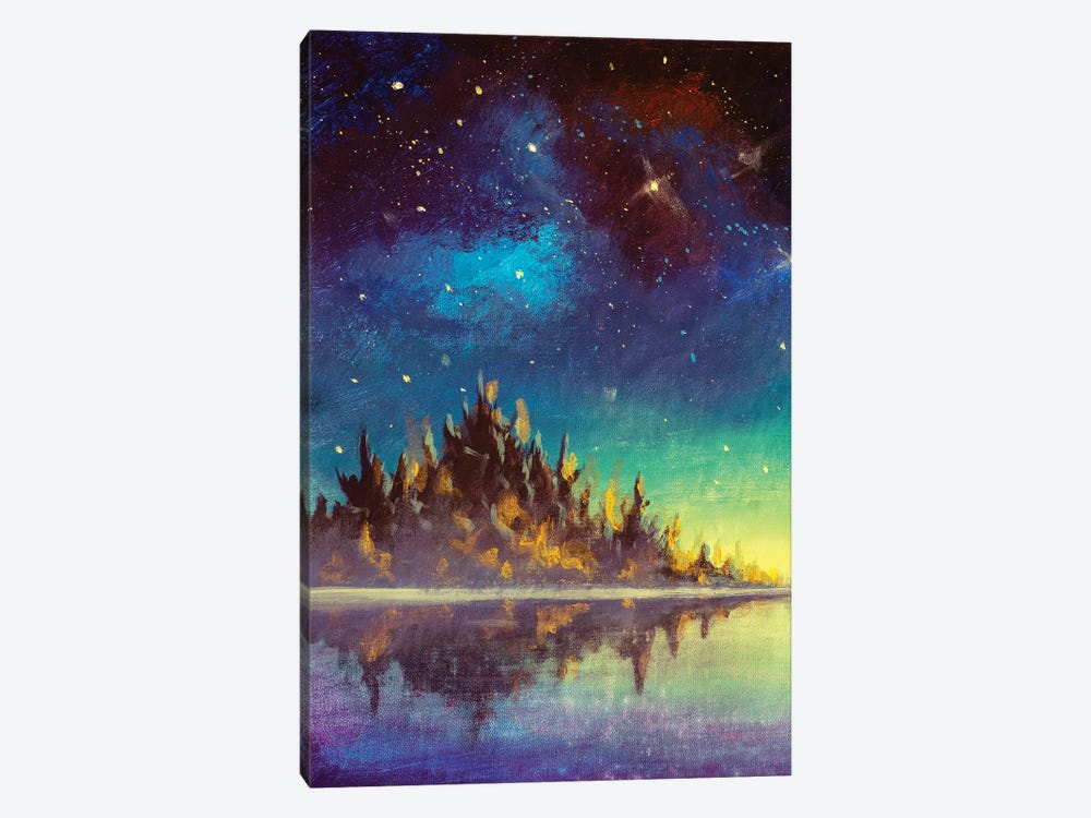 Beautiful Starry Sky Universe Space, Dawn Sunset Over Mountains Sea Water Artwork by Valery Rybakow 1-piece Art Print