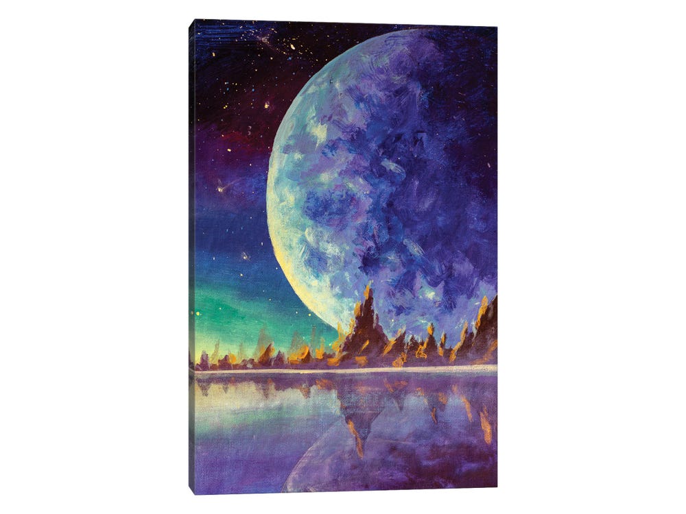 Big Moon Planet Earth Starry Sky, Dawn Glow in Sea Ocean Behind Mountains ( Astronomy & Space > Moons > Full Moons art) - 32x24x.25