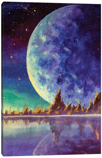 Big Moon Planet Earth Starry Sky, Dawn Glow In Sea Ocean Behind Mountains Canvas Art Print - Valery Rybakow