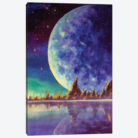 Big Moon Planet Earth Starry Sky, Dawn Glow In Sea Ocean Behind Mountains Canvas Print #VRY617} by Valery Rybakow Canvas Wall Art