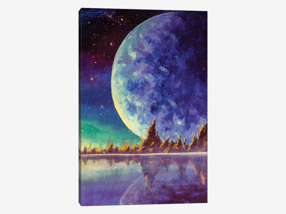 Big Moon Planet Earth Starry Sky, Dawn Glow In Sea Ocean Behind Mountains by Valery Rybakow 1-piece Canvas Wall Art