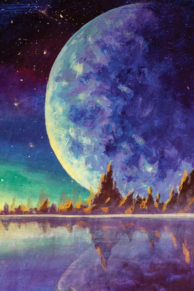Valery Rybakow: Big Moon Planet Earth Starry Sky, Dawn Glow In Sea Ocean Behind Mountains by Valery Rybakow