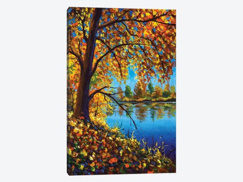Original fall autumn trees yellow red green leaves rustic earth tones lake reflection landscape acrylic painting large wall art 24 x 30