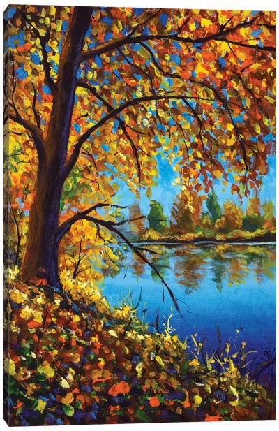 Autumn On The Bank Of A Blue River Canvas Art Print