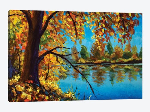 AUTUMN TREES LAKE COLOURFUL LANDSCAPE WALL ART CANVAS PICTURE PRINT VARIOUS SIZE 