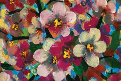 White Pink Yellow Flowers On Branch On Blue Sky by Valery Rybakow canvas print