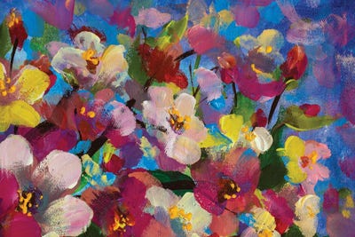 White Pink Yellow Flowers On Branch On Blue Sky Background Close Up Artwork by Valery Rybakow canvas print