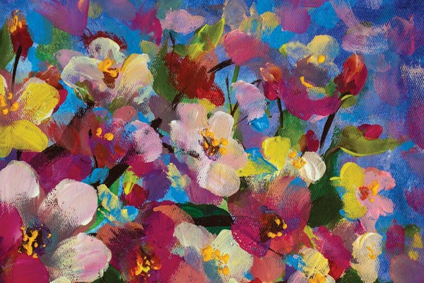 White Pink Yellow Flowers On Branch On Blue Sky Background Close Up Artwork